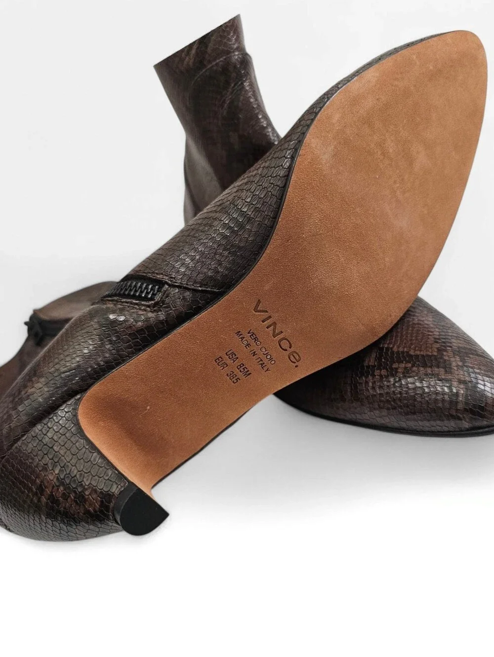 VINCE Meta Brown Snake Print Leather Pointed Toe Kitten Heel Ankle Booties 8.5M